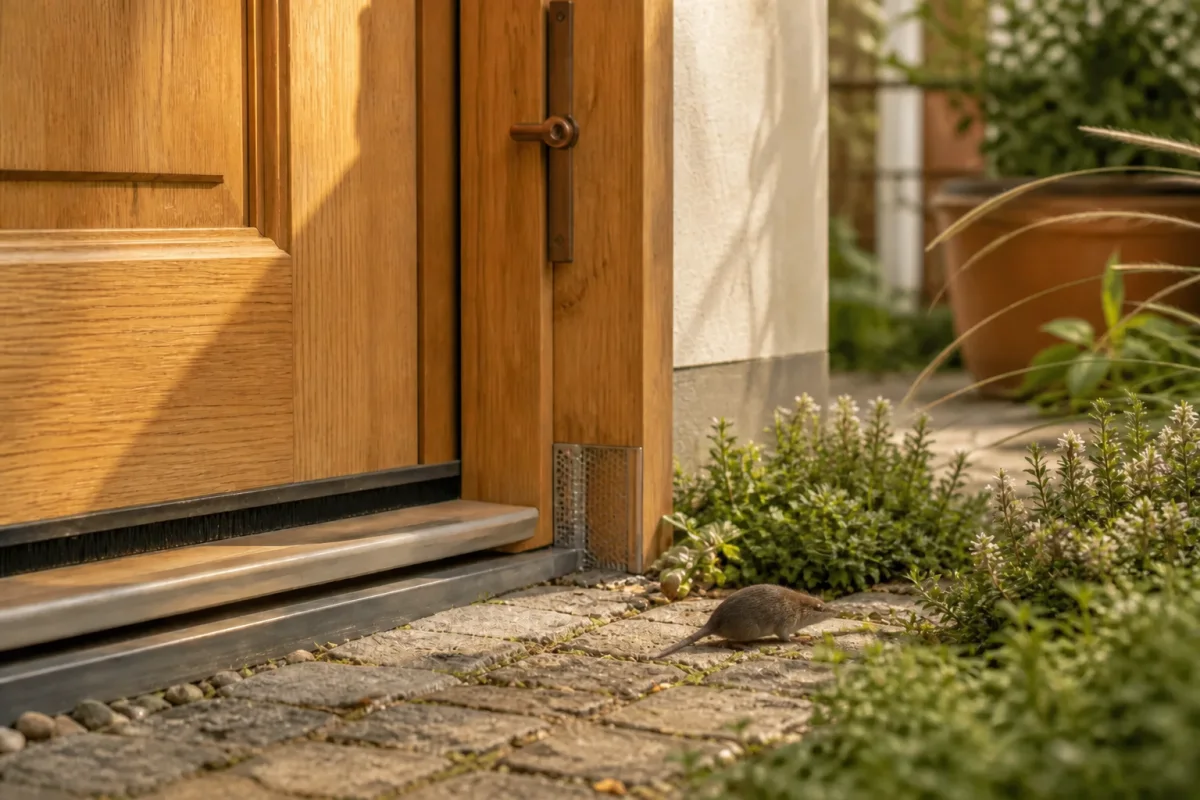 Spitzmaus mit langer schmaler Schnauze auf einem ruhigen Weg von der Haustür in den Garten